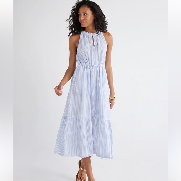 Midi Summer Dress Comfy Cinched Drawstring Waist with Pockets Blue Striped New - Picture 12 of 15